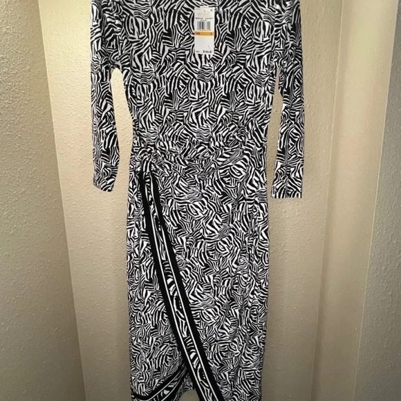 MICHAEL Michael Kors Zebra Asymmetrical Border Midi Dress (Black/White) SM & SP - Picture 6 of 7